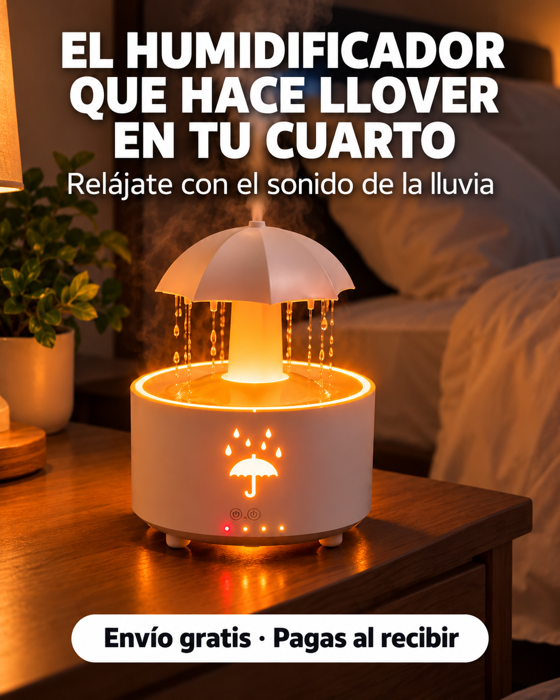 Humidificador Efecto Lluvia con Luz LED.